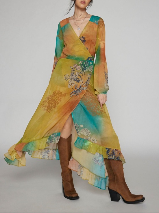 Kimchi Blue Other - Kimchi Blue Amy Duster Jacket - Boho Floral Wrap Maxi Dress in Yellow-Teal